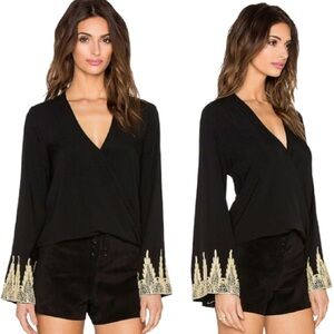 SRP $121 Embroidered V-neck Faux Wrap Long Sleeve Top